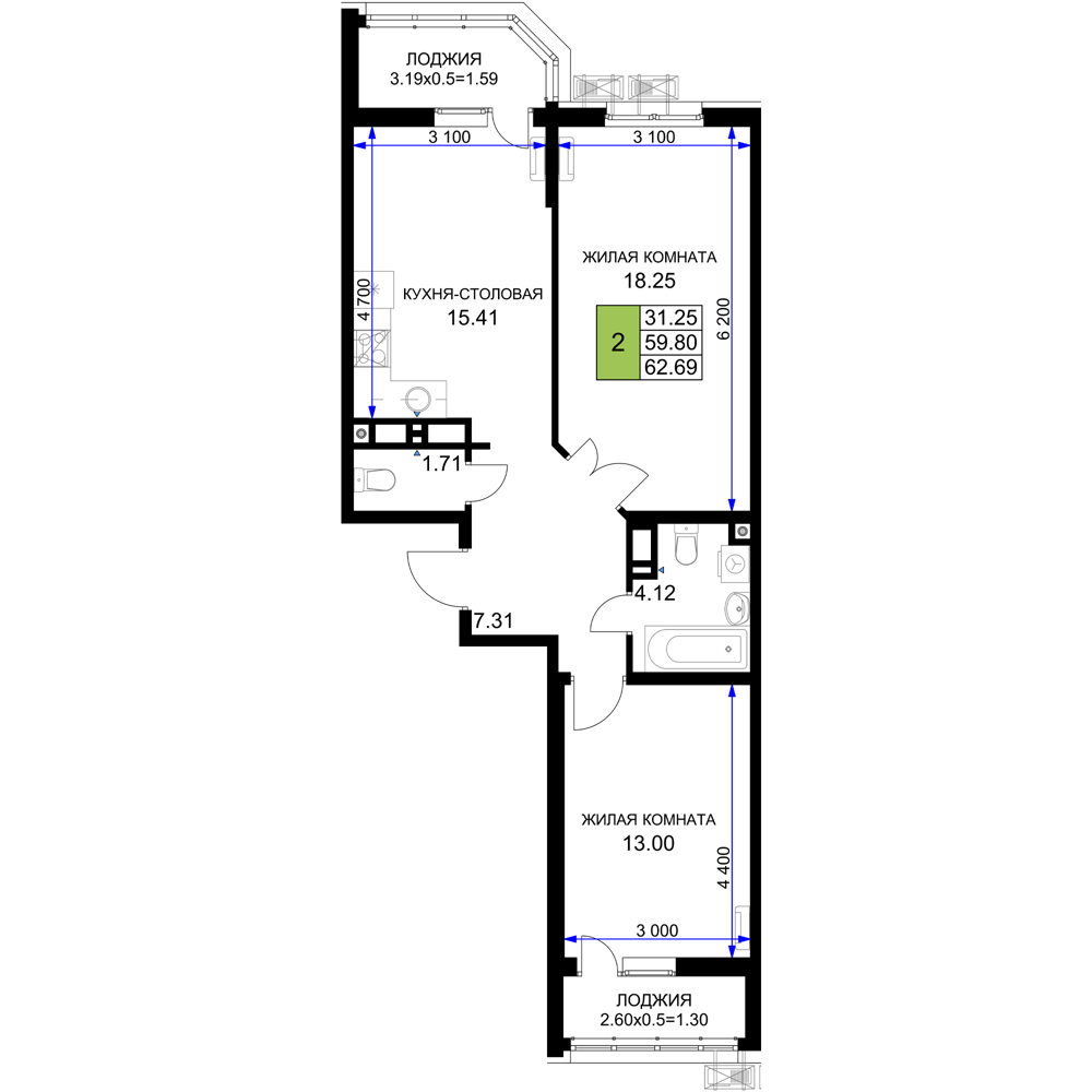 2-комнатная 62 м2 в ЖК Фонтаны корпус null этаж 15