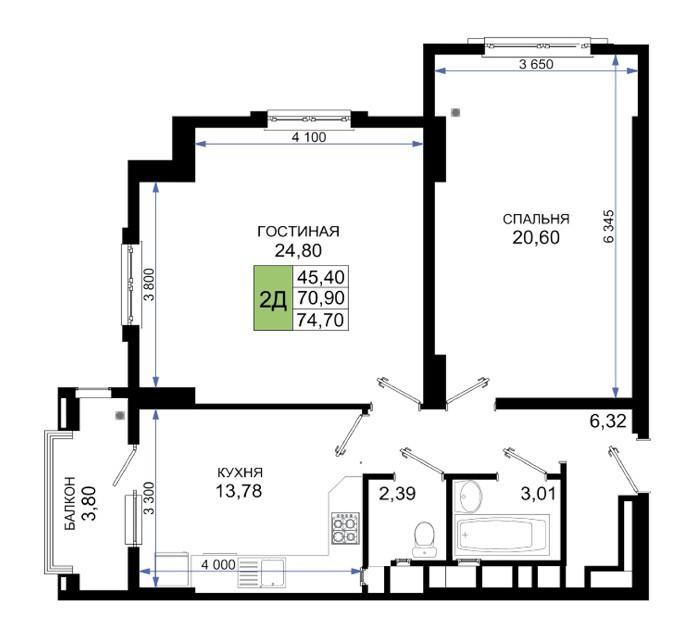 2-комнатная 74.7 м2 в ЖК undefined корпус null этаж 2
