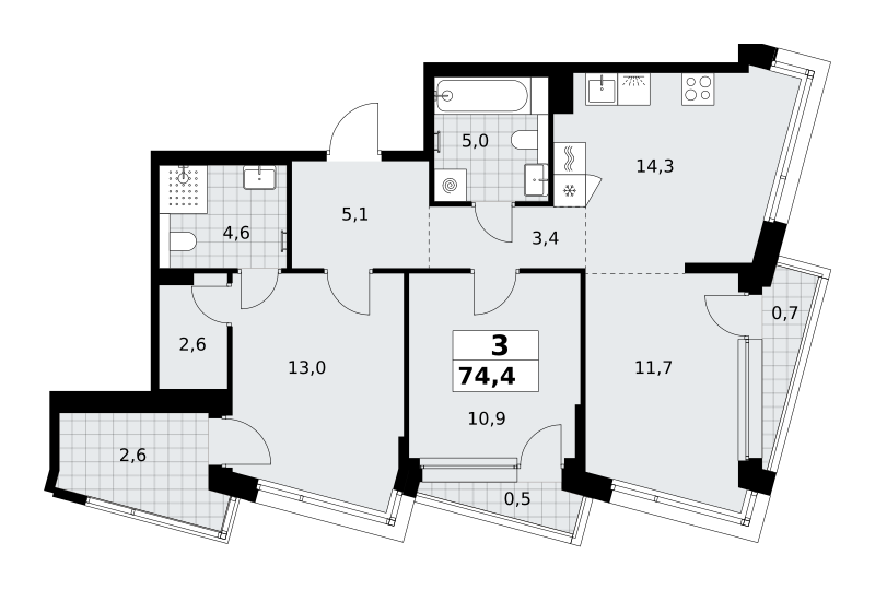 3-комнатная 74 м2 в ЖК Хольм корпус null этаж 5