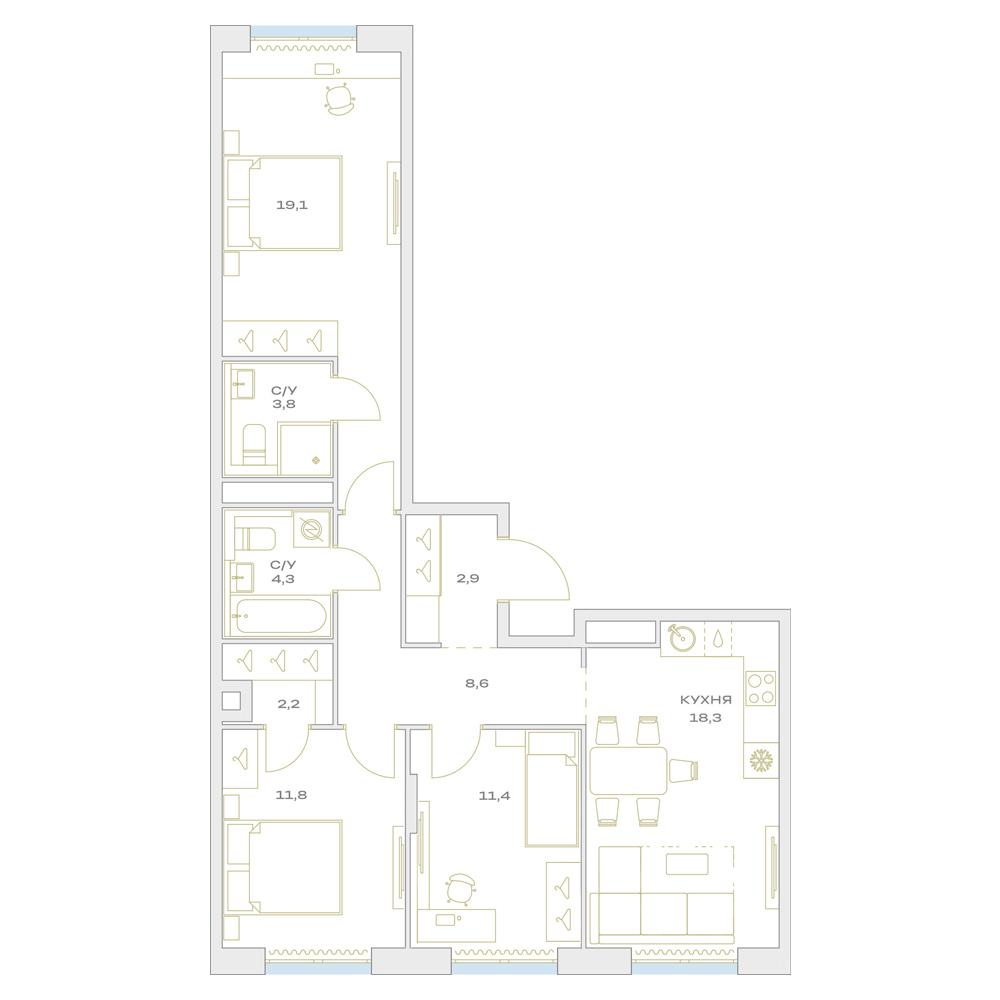 4-комнатная 81 м2 в ЖК Детали корпус null этаж 5