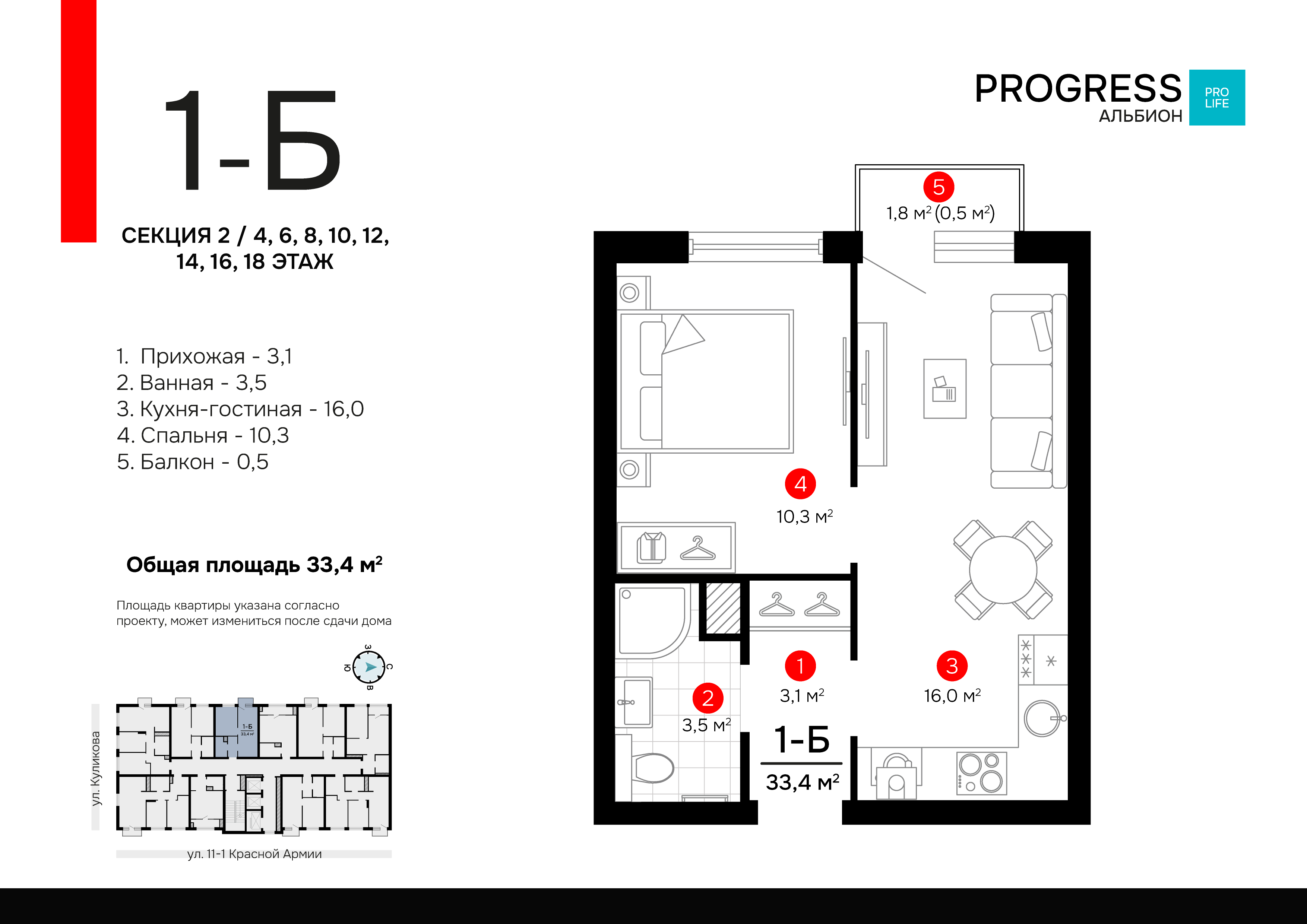 1-комнатная 33 м2 в ЖК Progress Альбион корпус null этаж 4
