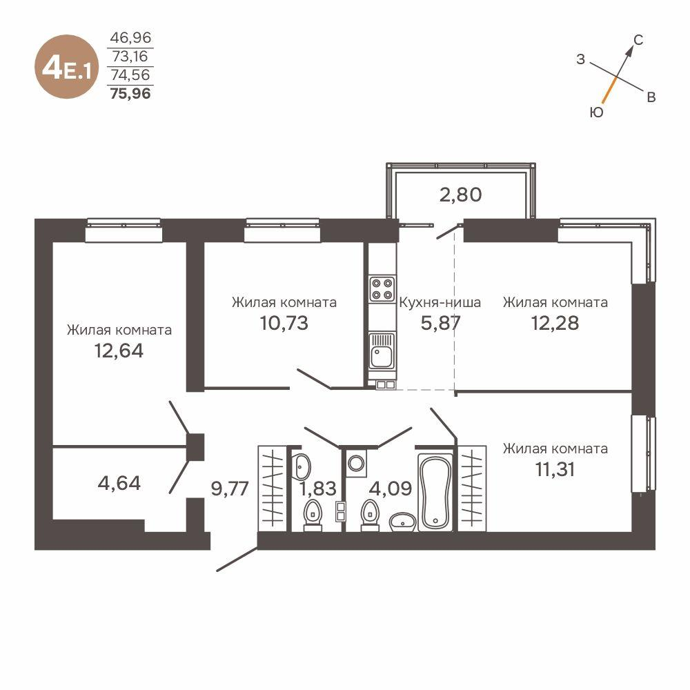 4-комнатная 74 м2 в ЖК Культура корпус null этаж 3