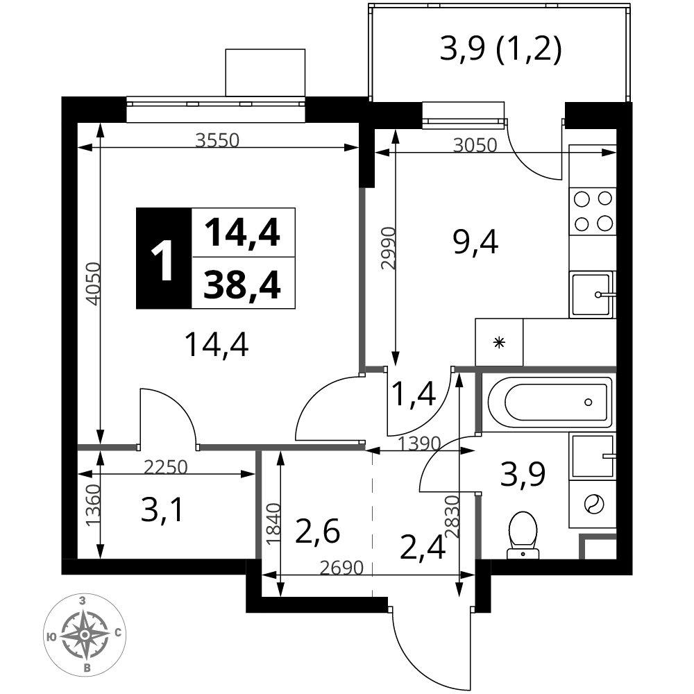 1-комнатная 38 м2 в ЖК 1-й Шереметьевский корпус null этаж 8