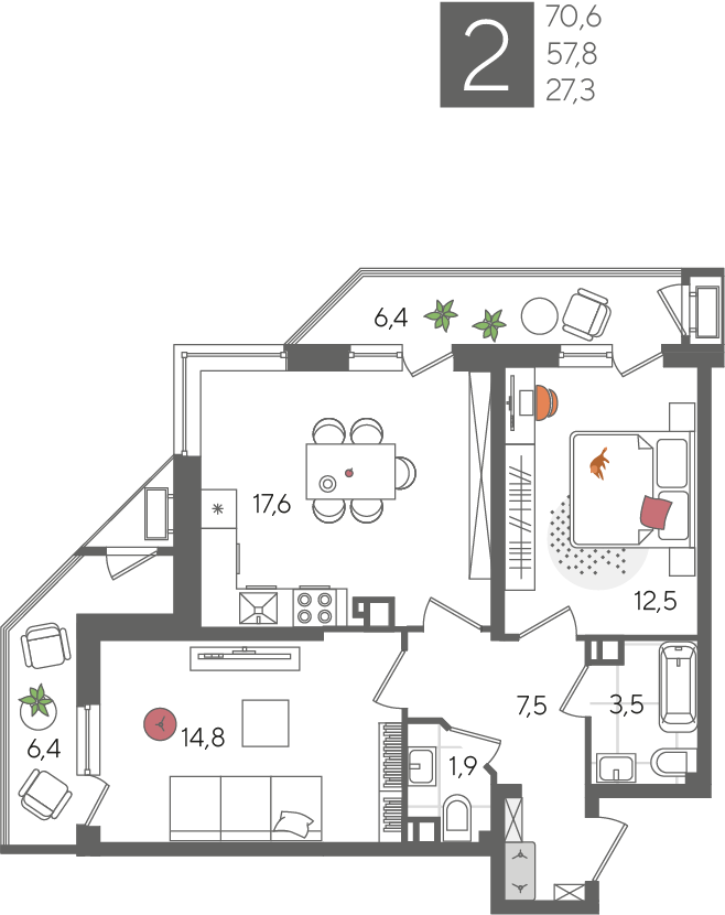 2-комнатная 70 м2 в ЖК Рекорд 2 корпус null этаж 6