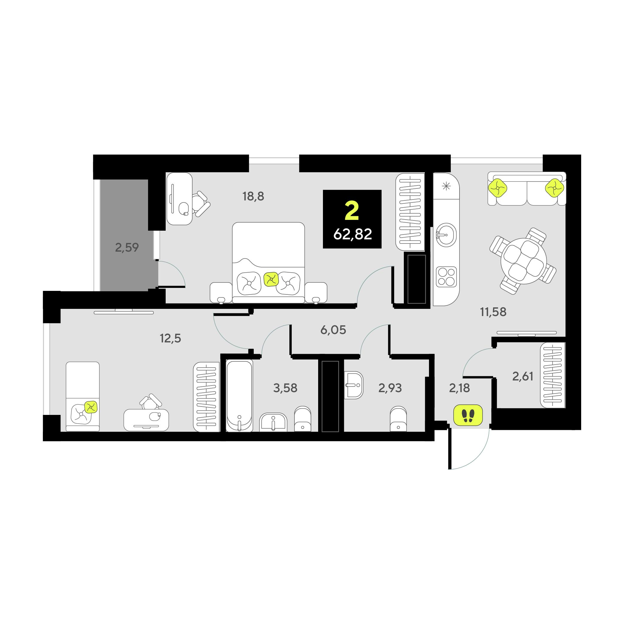 2-комнатная 62 м2 в ЖК Мотивы корпус null этаж 5