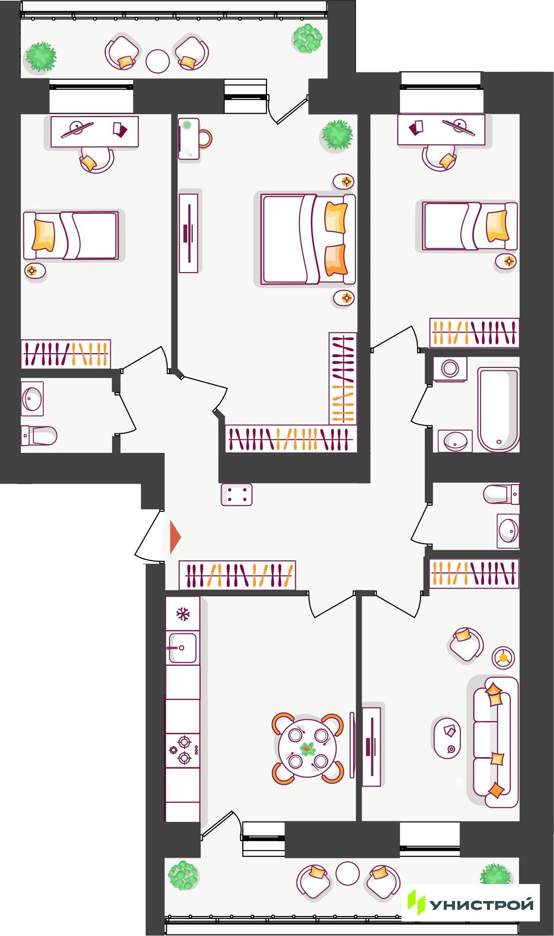 4-комнатная 94 м2 в ЖК Южный бульвар корпус null этаж 3