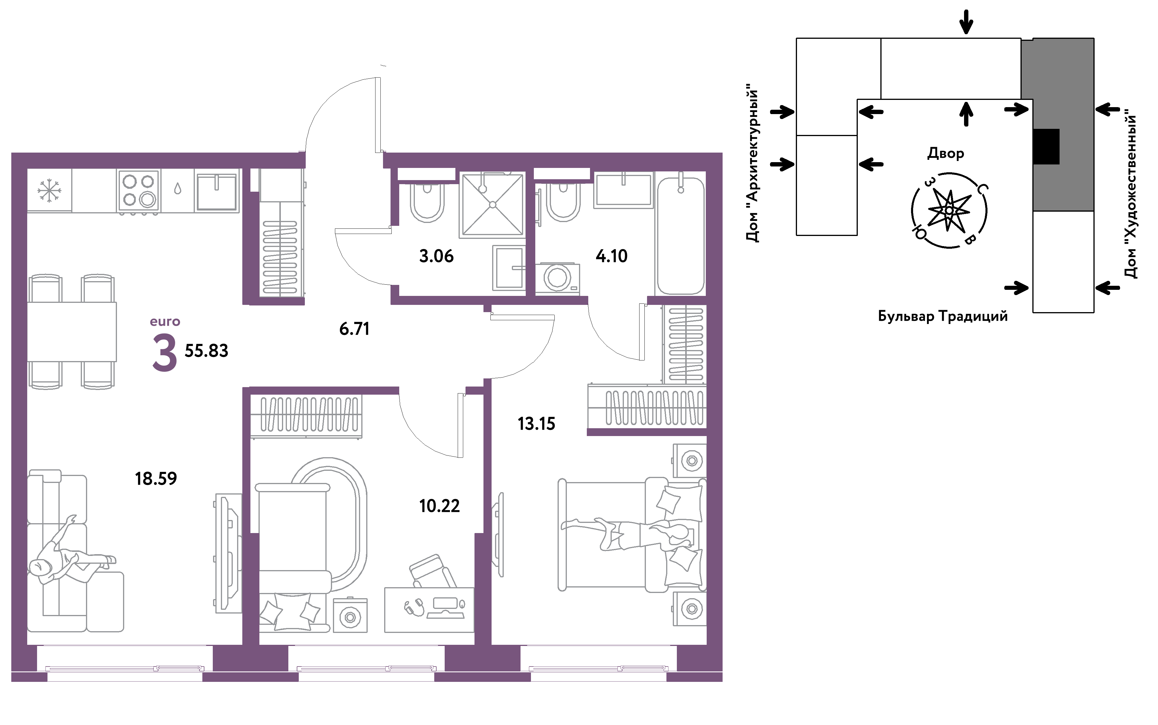 3-комнатная 55 м2 в ЖК Микрорайон Домашний корпус null этаж 9