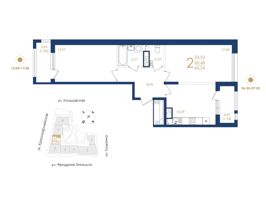 2-комнатная 64 м2 в ЖК Дом на Фридриха Энгельса корпус null этаж 7