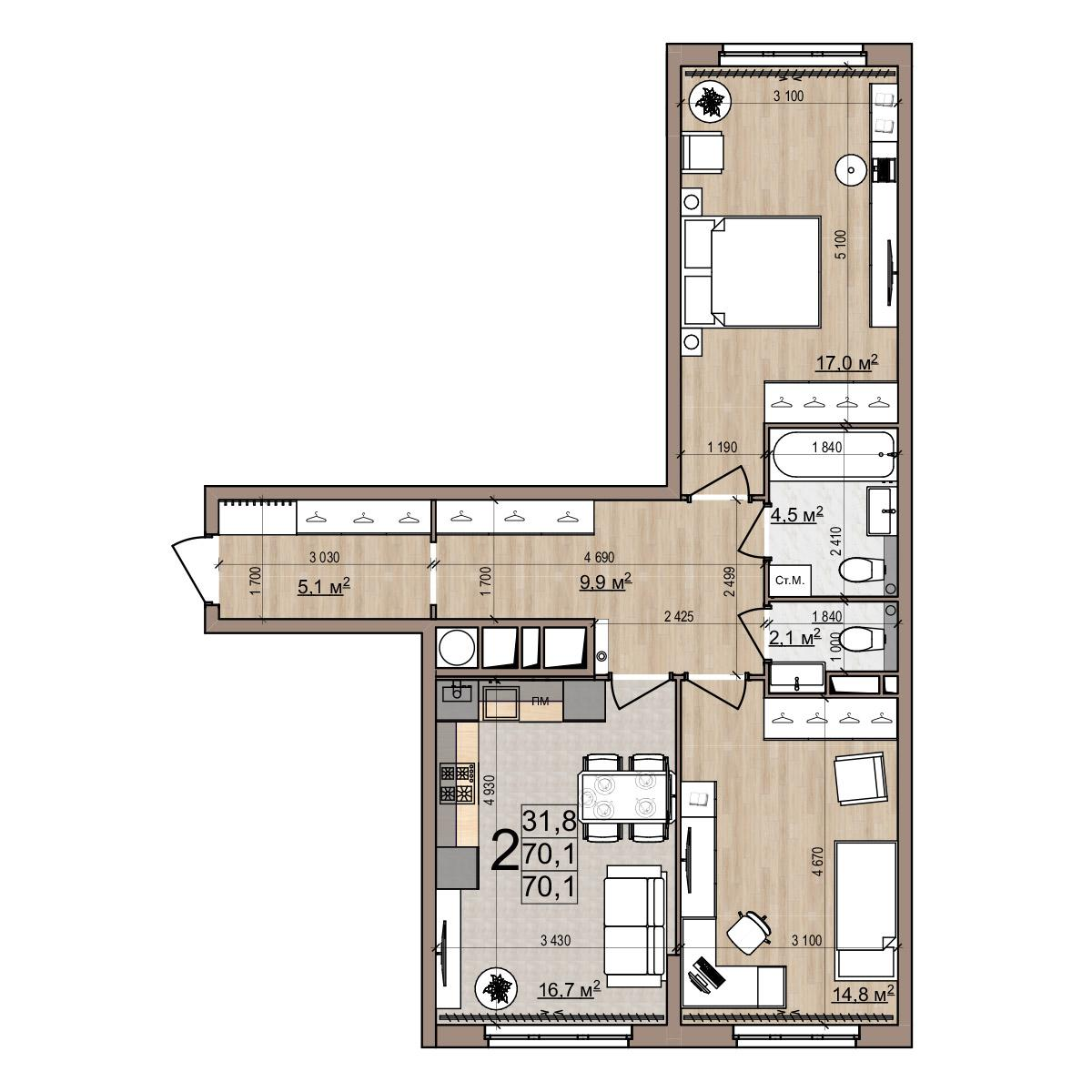 2-комнатная 70 м2 в ЖК Еврокласс-5 корпус null этаж 11