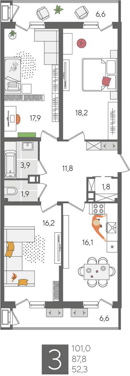 3-комнатная 99 м2 в ЖК Рекорд 2 корпус null этаж 5