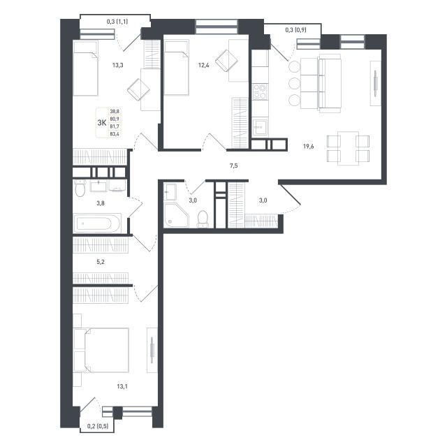 3-комнатная 86 м2 в ЖК Новая Щербинка корпус null этаж 7