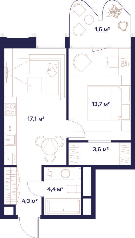 1-комнатная 44 м2 в ЖК Союз корпус null этаж 19