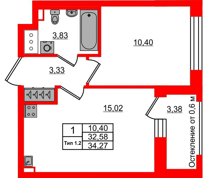 1-комнатная 32 м2 в ЖК Сэтл Ривьера корпус null этаж 8