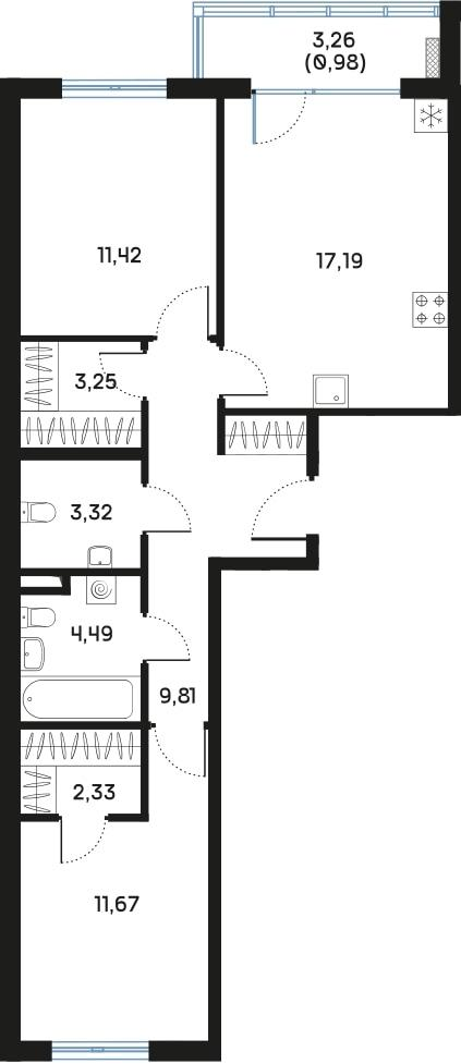 2-комнатная 65 м2 в ЖК Регенбоген корпус null этаж 5