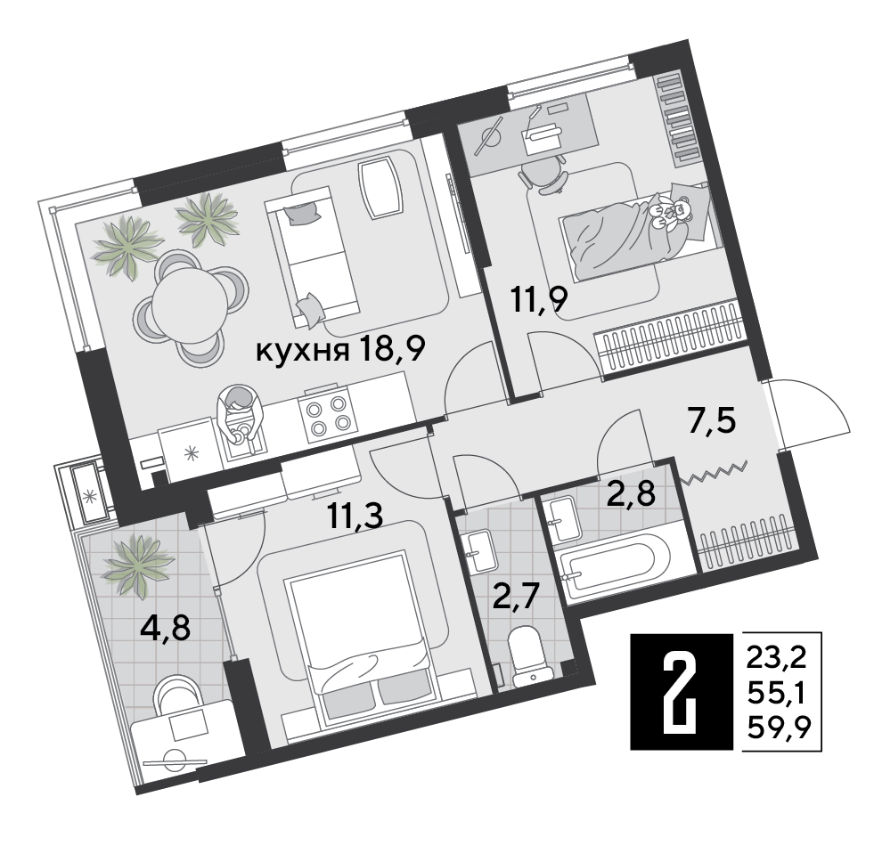 2-комнатная 60 м2 в ЖК Парк Победы 2 корпус null этаж 2