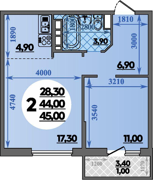 2-комнатная 45 м2 в ЖК Парк у дома корпус null этаж 12