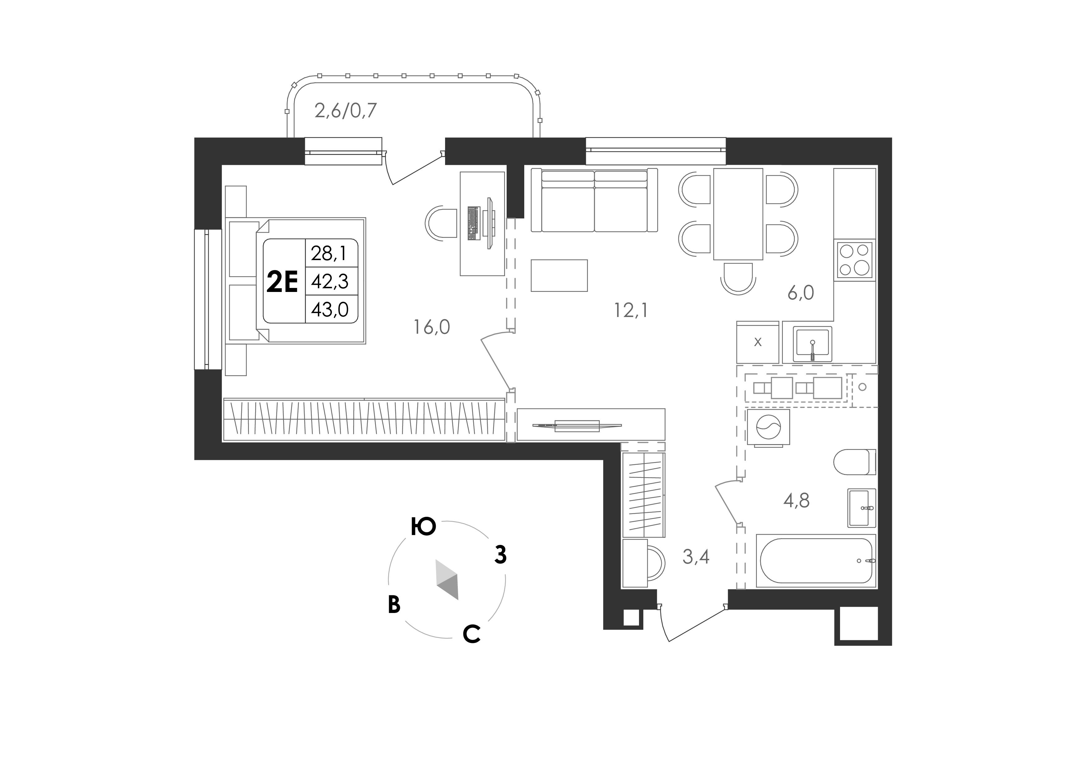 2-комнатная 43 м2 в ЖК Циолковский корпус null этаж 4