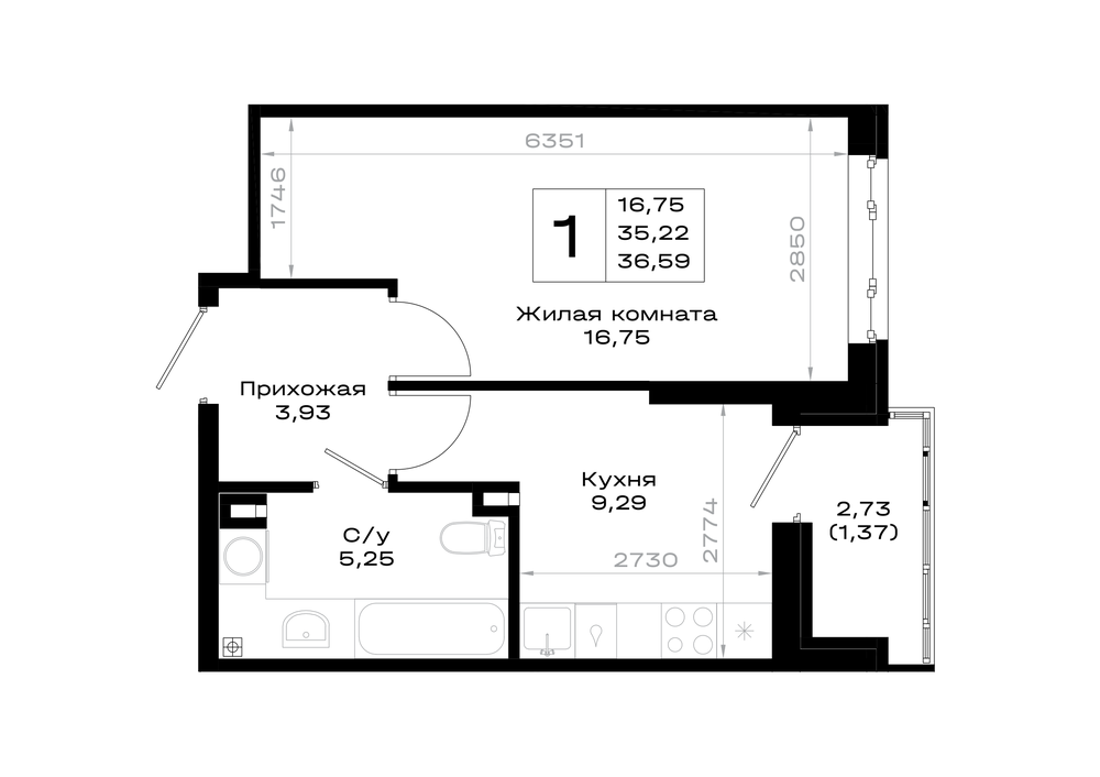 1-комнатная 36 м2 в ЖК Октябрь парк корпус null этаж 2