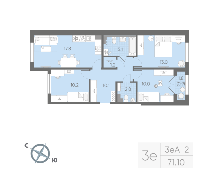 3-комнатная 71 м2 в ЖК Пулково Lake корпус null этаж 1