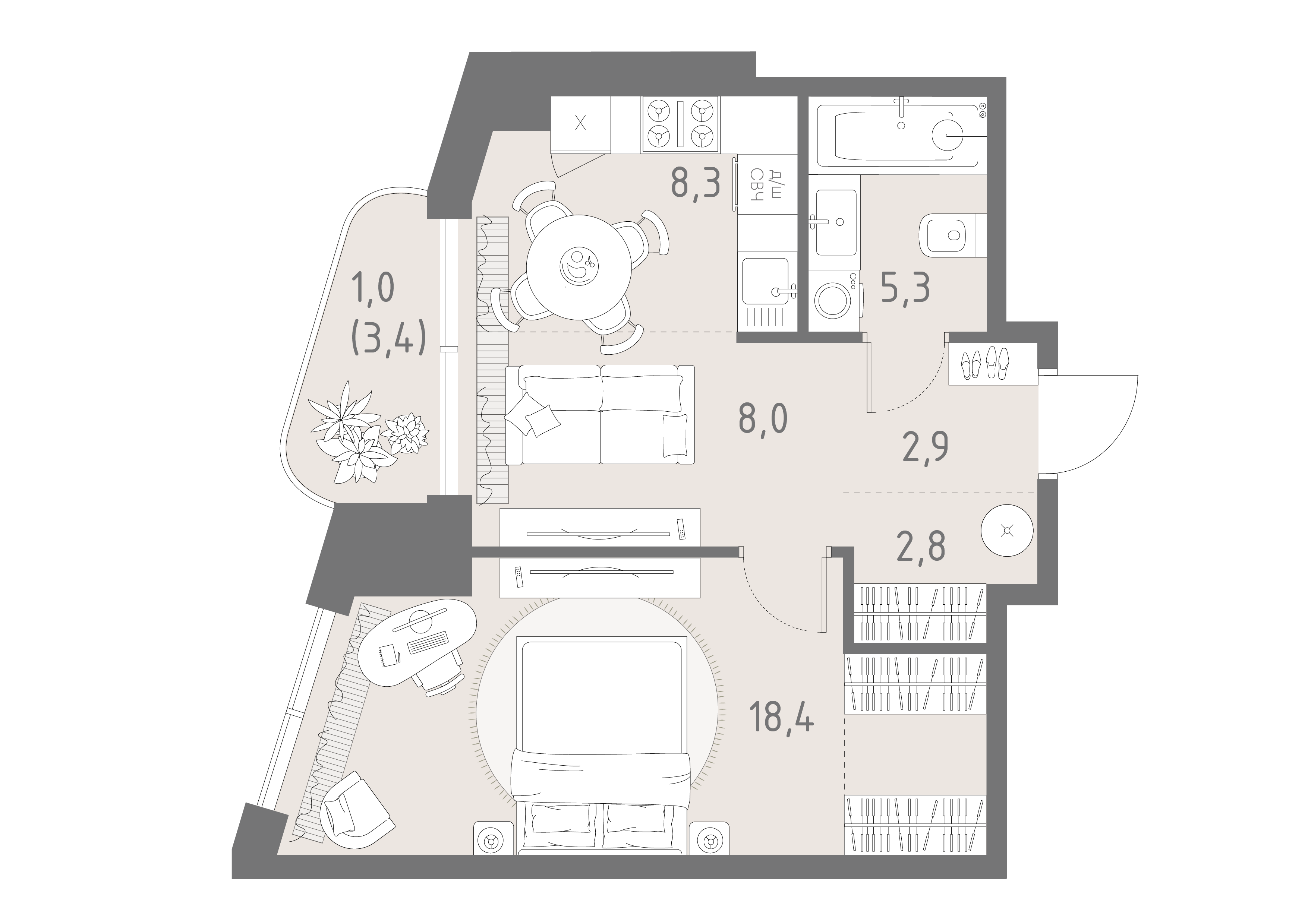 2-комнатная 46 м2 в ЖК Родина парк корпус null этаж 4