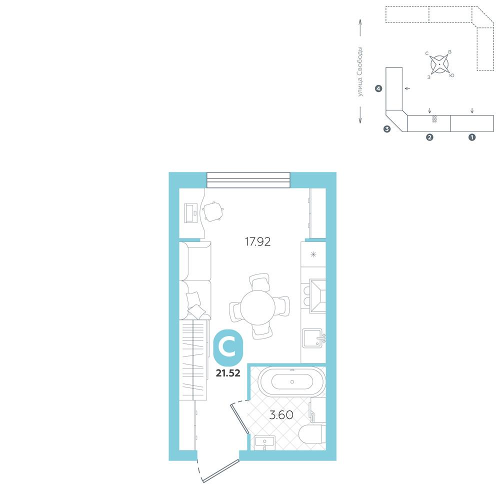 Студия 21 м2 в ЖК Счастье (Ялуторовск) корпус null этаж 3