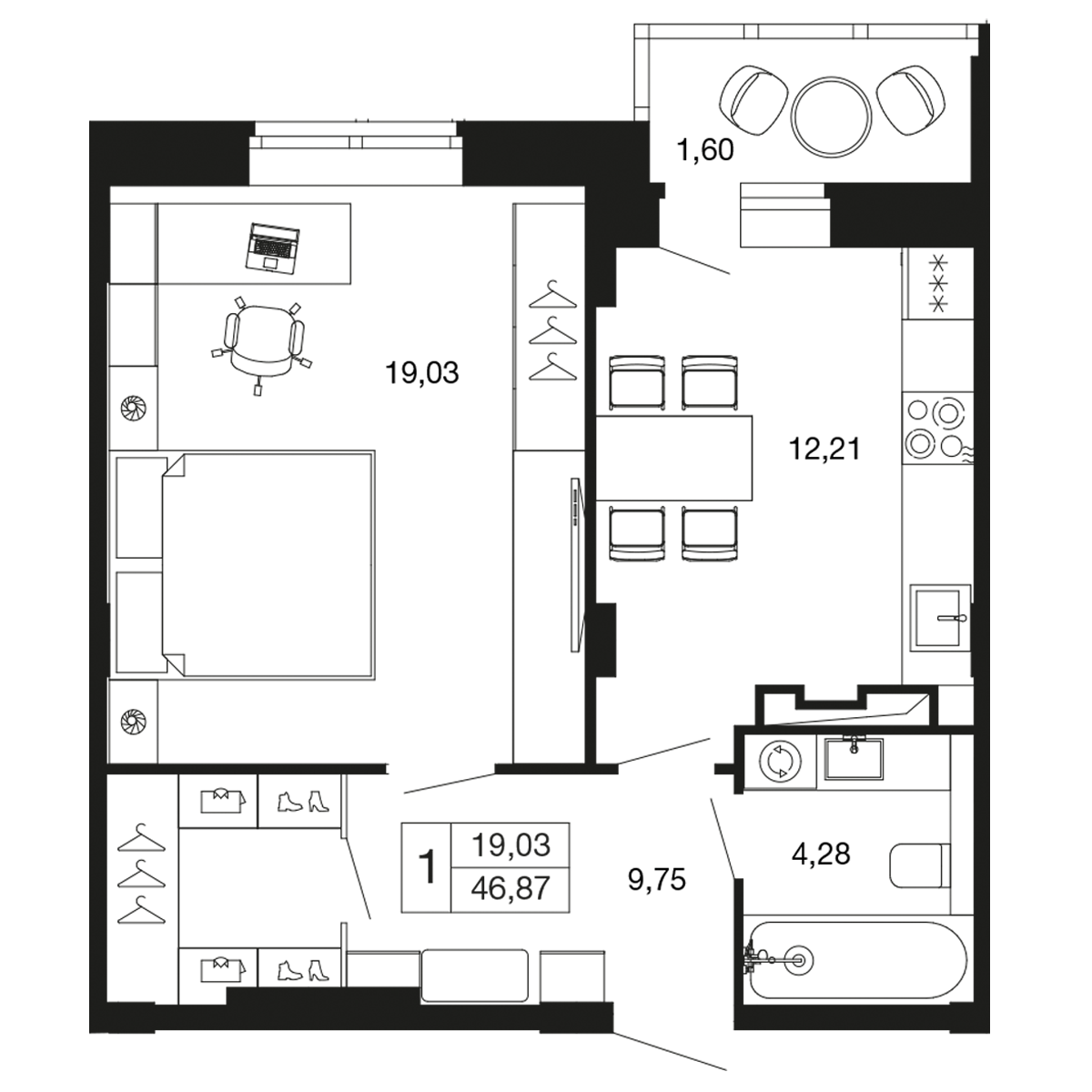 1-комнатная 46 м2 в ЖК Времена года корпус null этаж 6