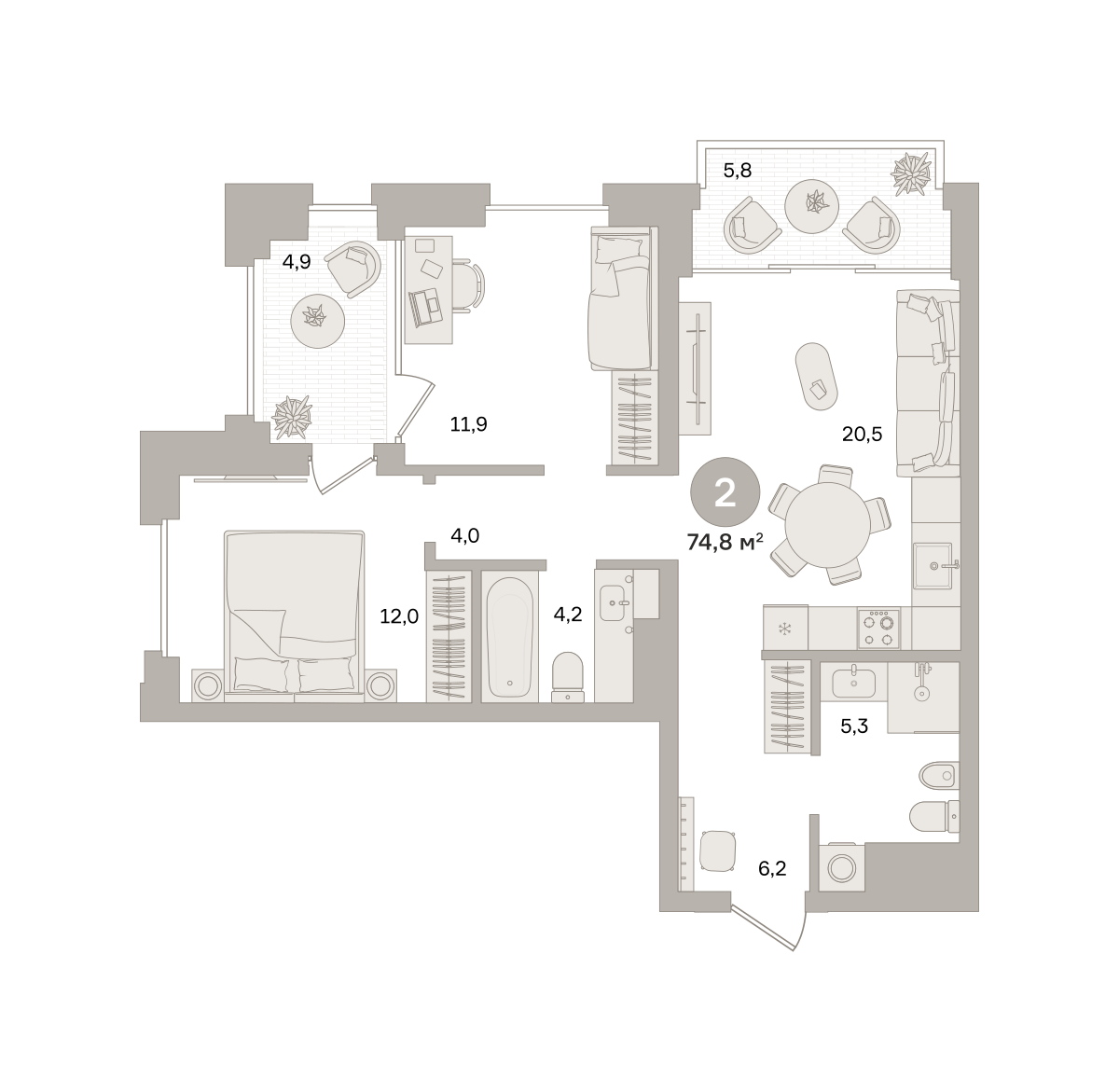 2-комнатная 74 м2 в ЖК Квартал МОНС корпус null этаж 20