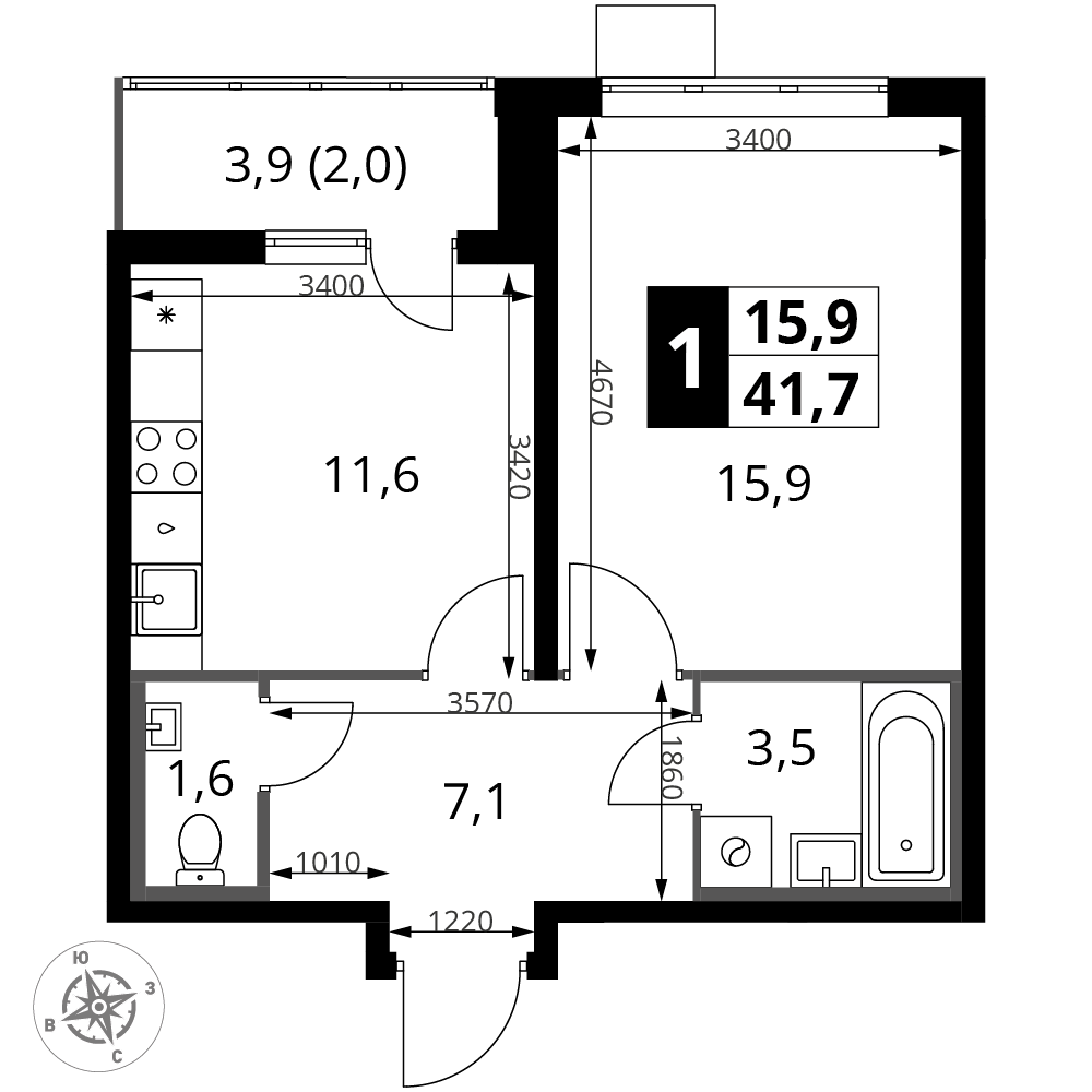 1-комнатная 41 м2 в ЖК 1-й Южный корпус null этаж 7