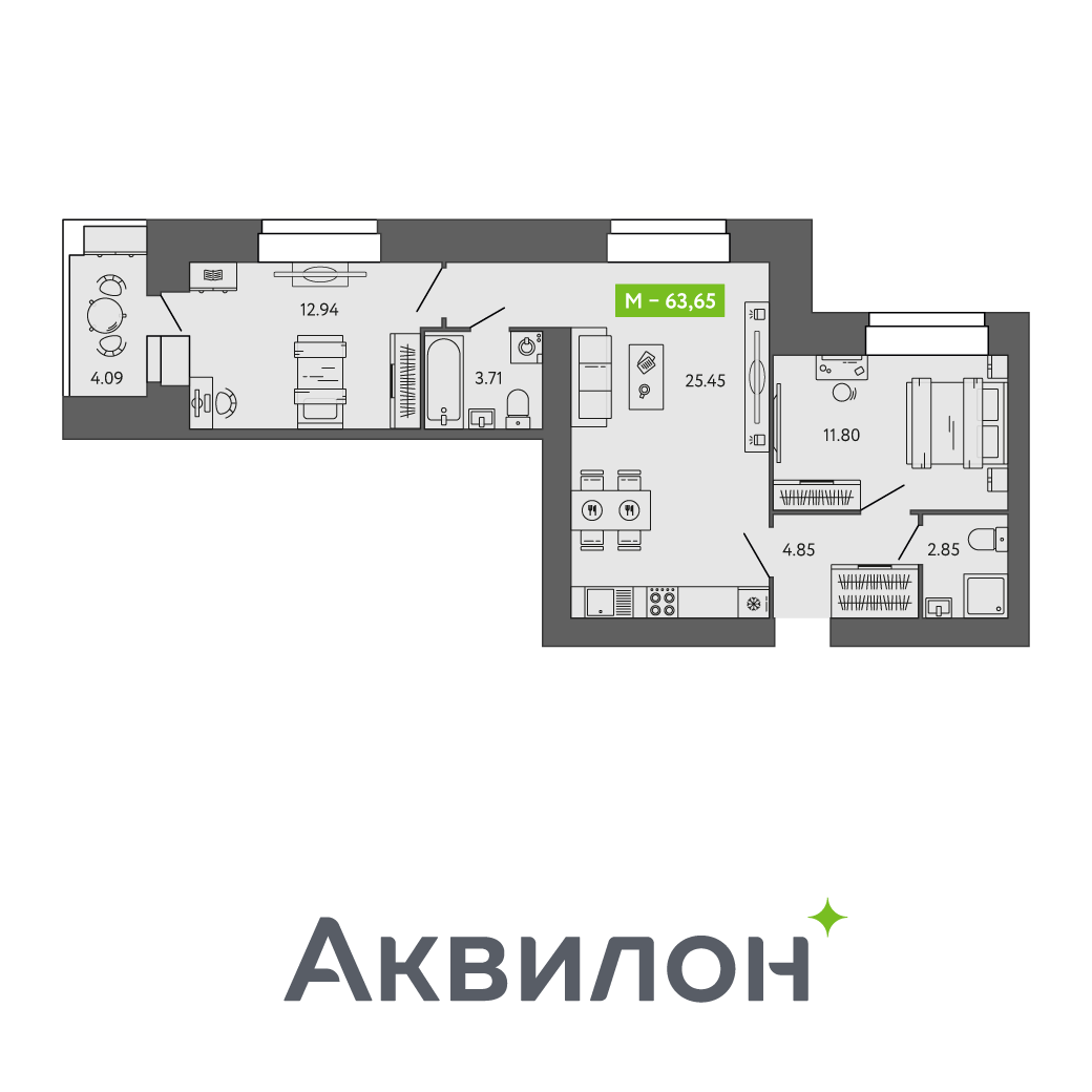 2-комнатная 63.6 м2 в ЖК undefined корпус null этаж 9