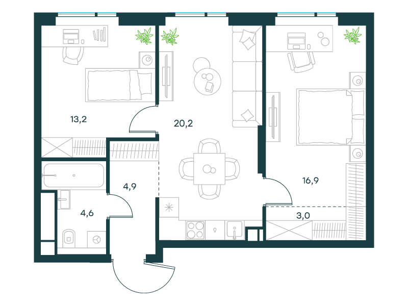 2-комнатная 62 м2 в ЖК Level Войковская корпус null этаж 19