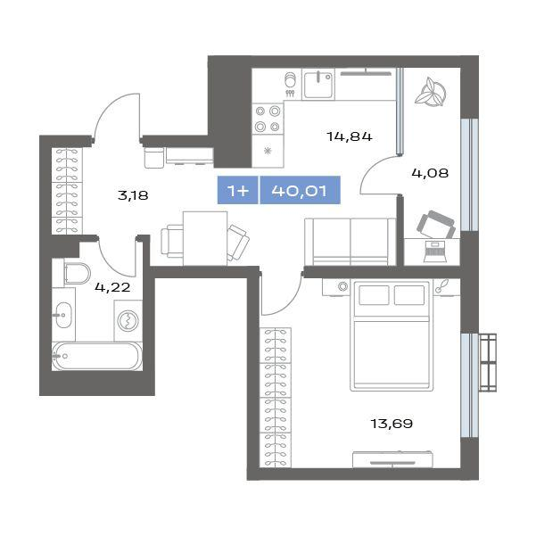 1-комнатная 40 м2 в ЖК Ритм корпус null этаж 13