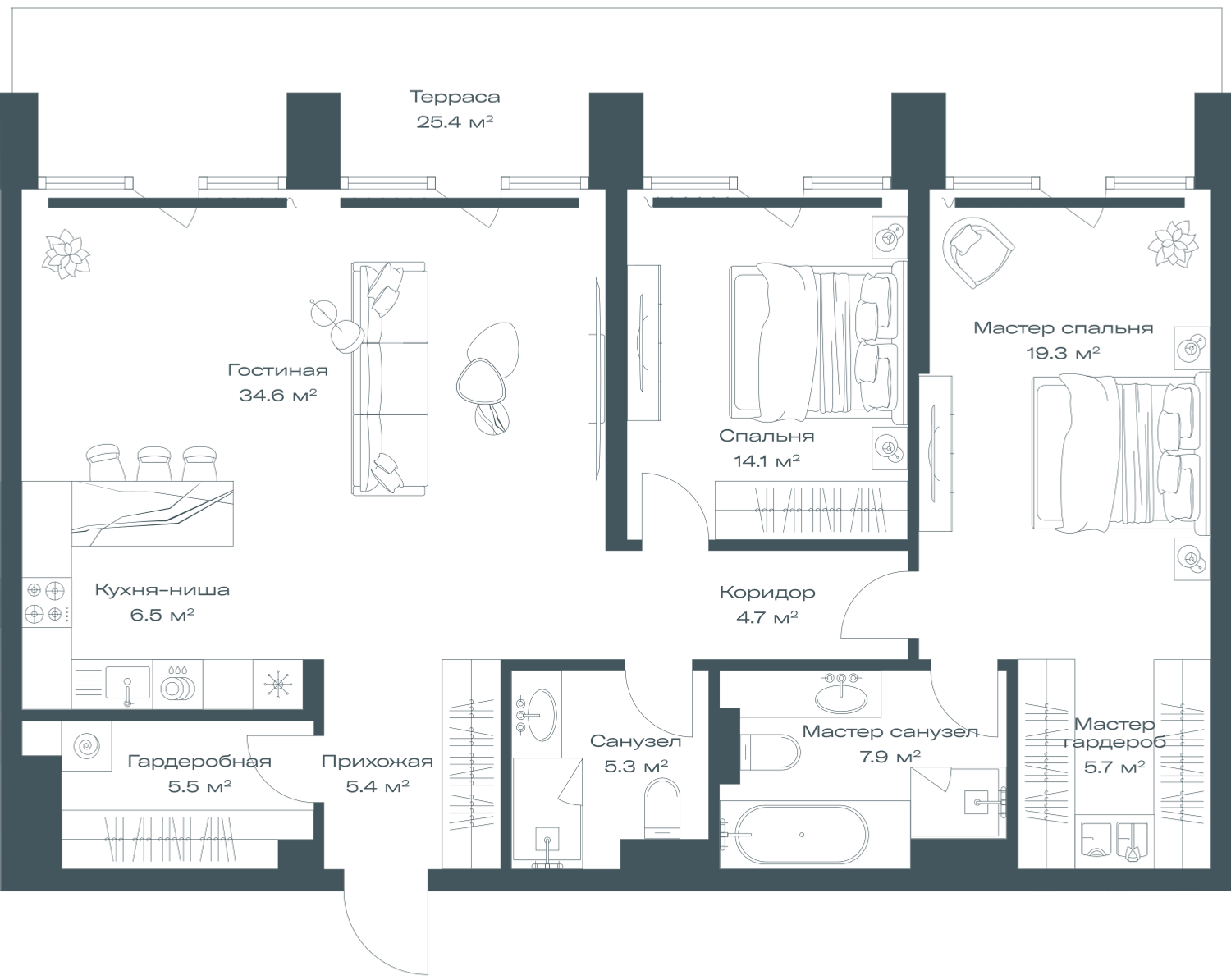 2-комнатная 116 м2 в ЖК Opus корпус null этаж 3