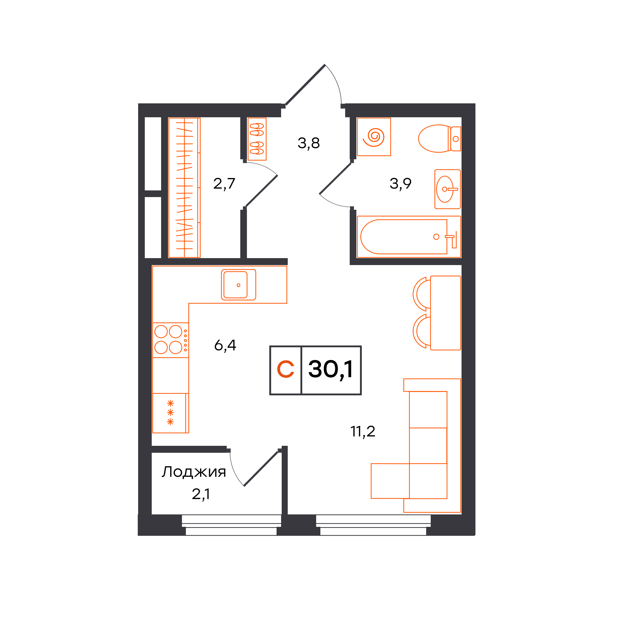 Студия 30 м2 в ЖК Отличие корпус null этаж 6