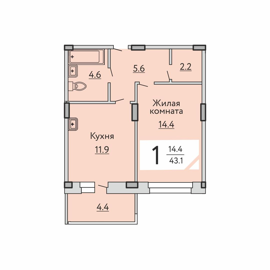 1-комнатная 43 м2 в ЖК Агат корпус null этаж 2