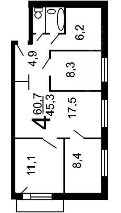 4-комнатная 61.1 м2 в ЖК undefined корпус null этаж 5
