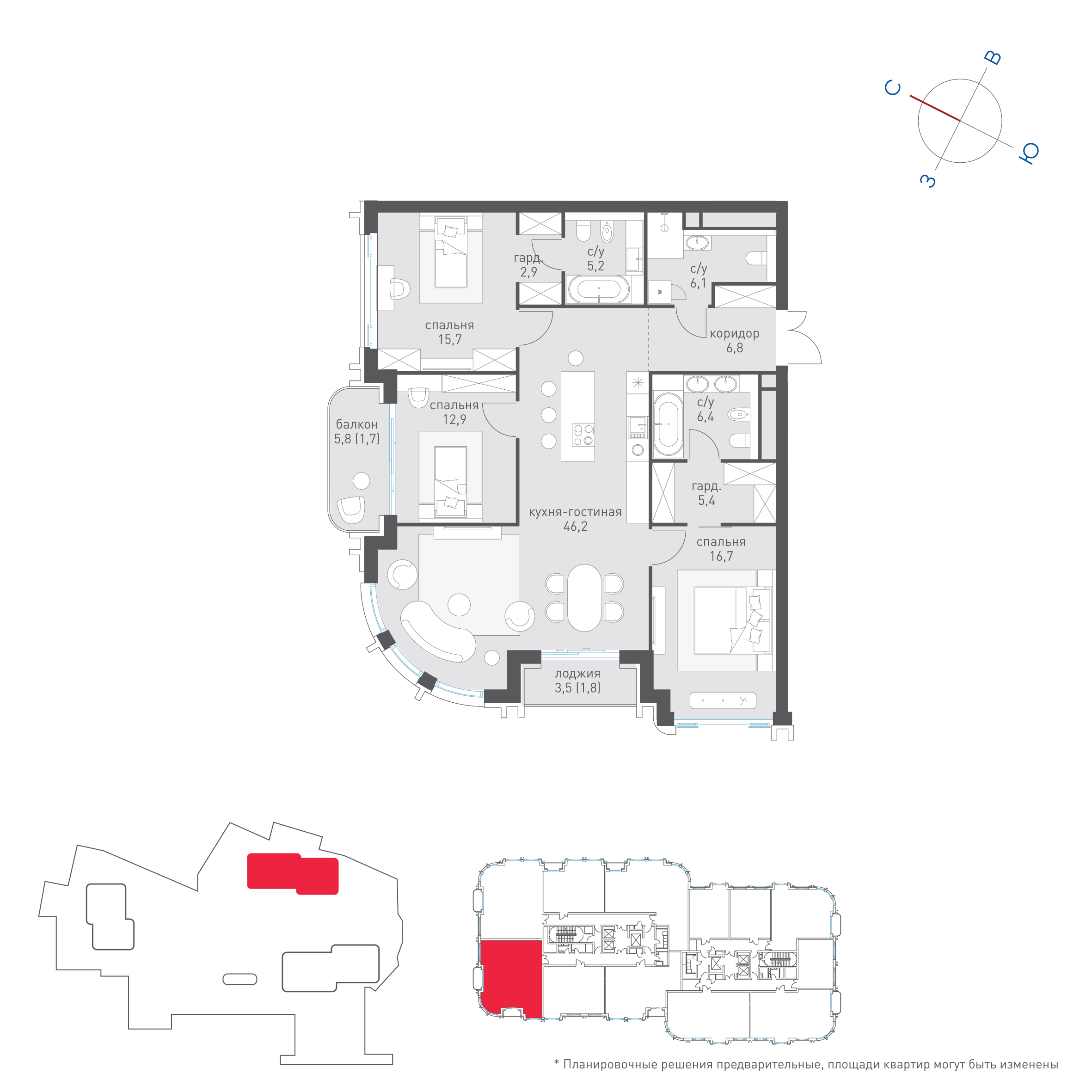 3-комнатная 127 м2 в ЖК Татарская 35 корпус null этаж 7