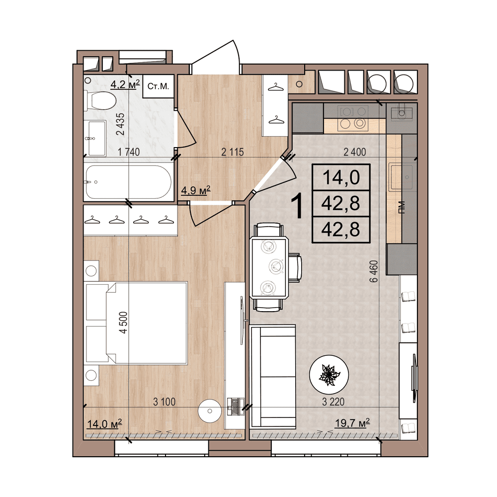1-комнатная 42 м2 в ЖК Skyline-2 корпус null этаж 3