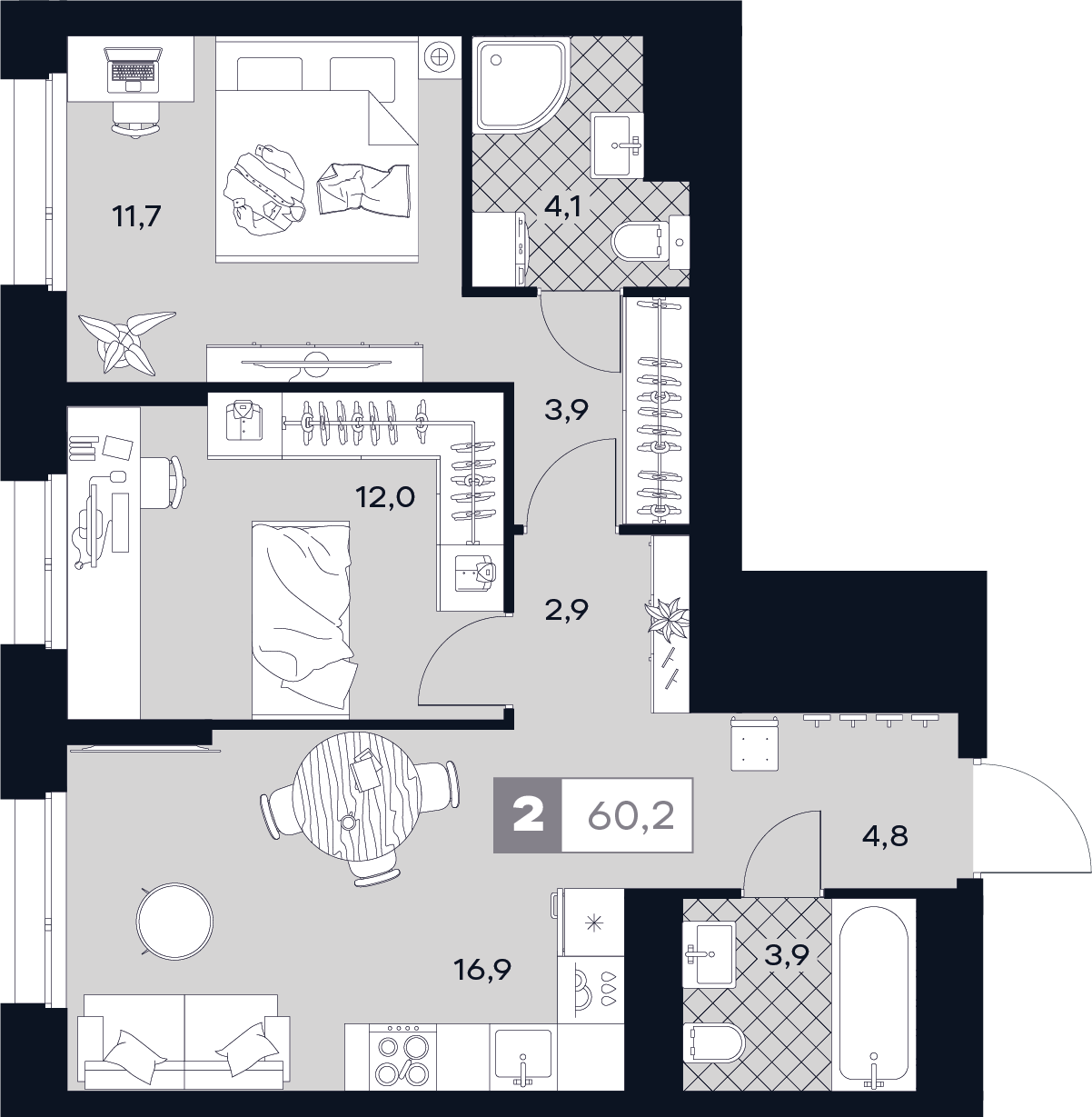 2-комнатная 60 м2 в ЖК Юту корпус null этаж 10