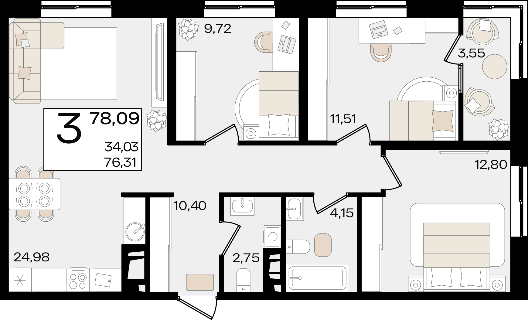 3-комнатная 78 м2 в ЖК Патрики корпус null этаж 2