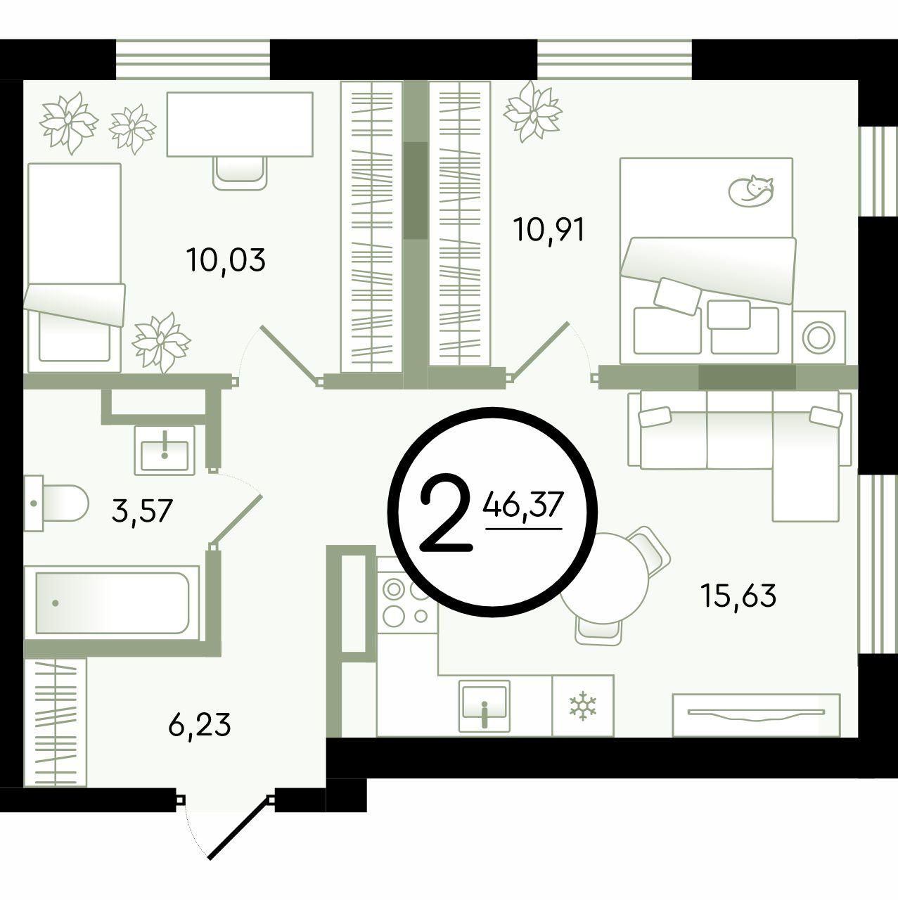 2-комнатная 46 м2 в ЖК Зеленые Аллеи корпус null этаж 1