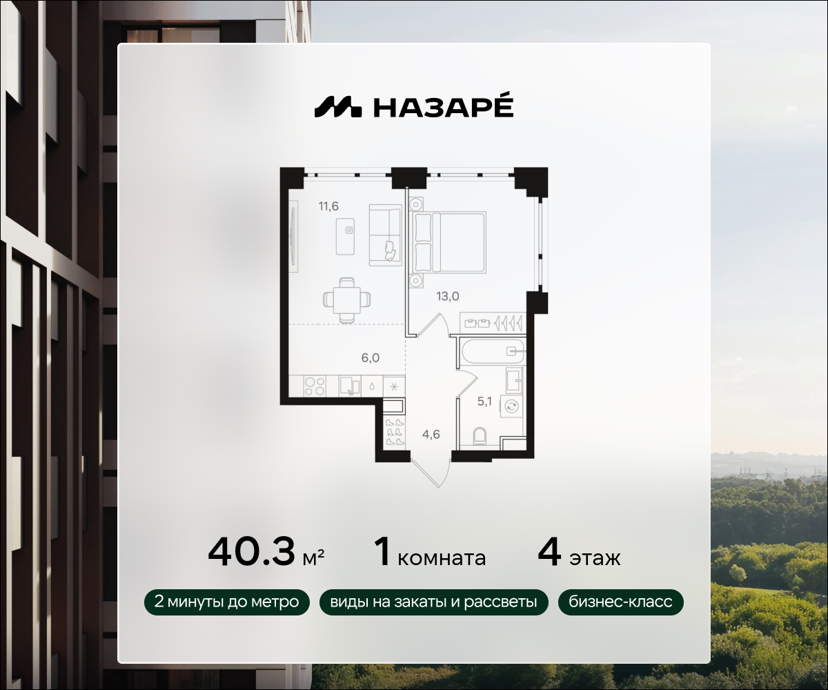 1-комнатная 40 м2 в ЖК НАЗАРÉ корпус null этаж 4