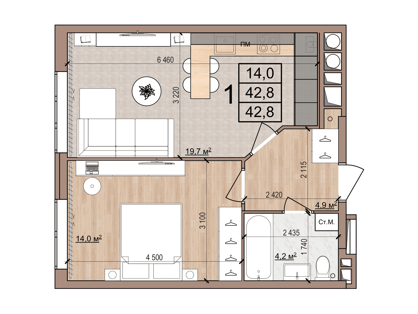 1-комнатная 42 м2 в ЖК Skyline-2 корпус null этаж 5