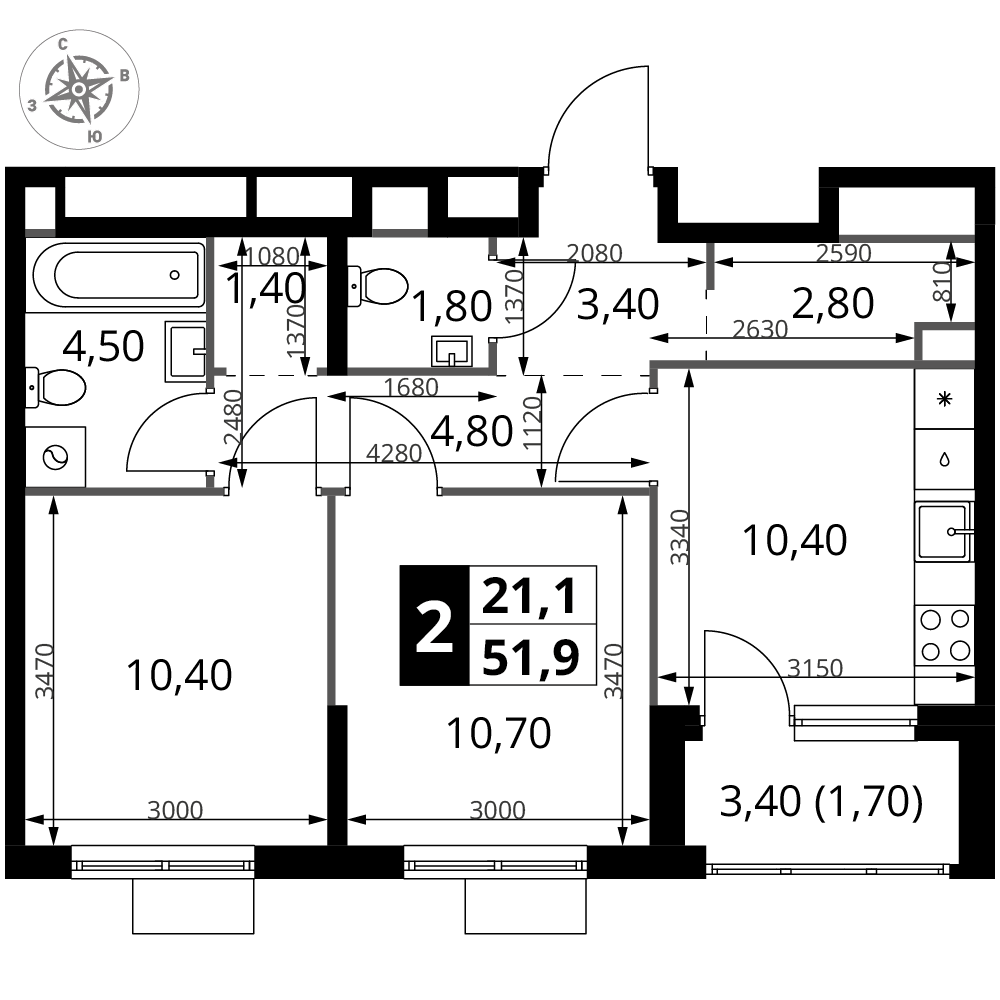 2-комнатная 51 м2 в ЖК 1-й Химкинский корпус null этаж 2