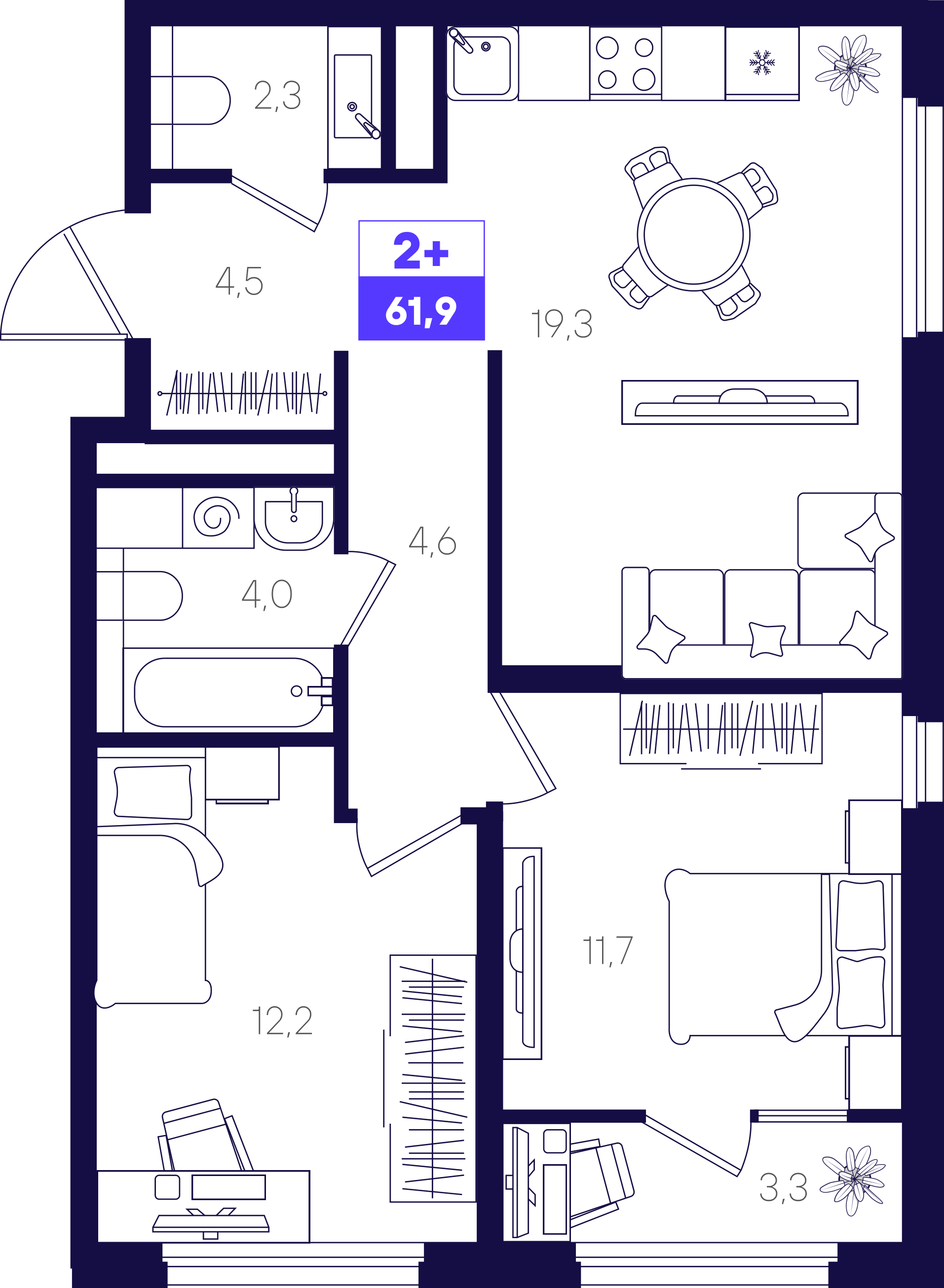 2-комнатная 61 м2 в ЖК Отличие корпус null этаж 11