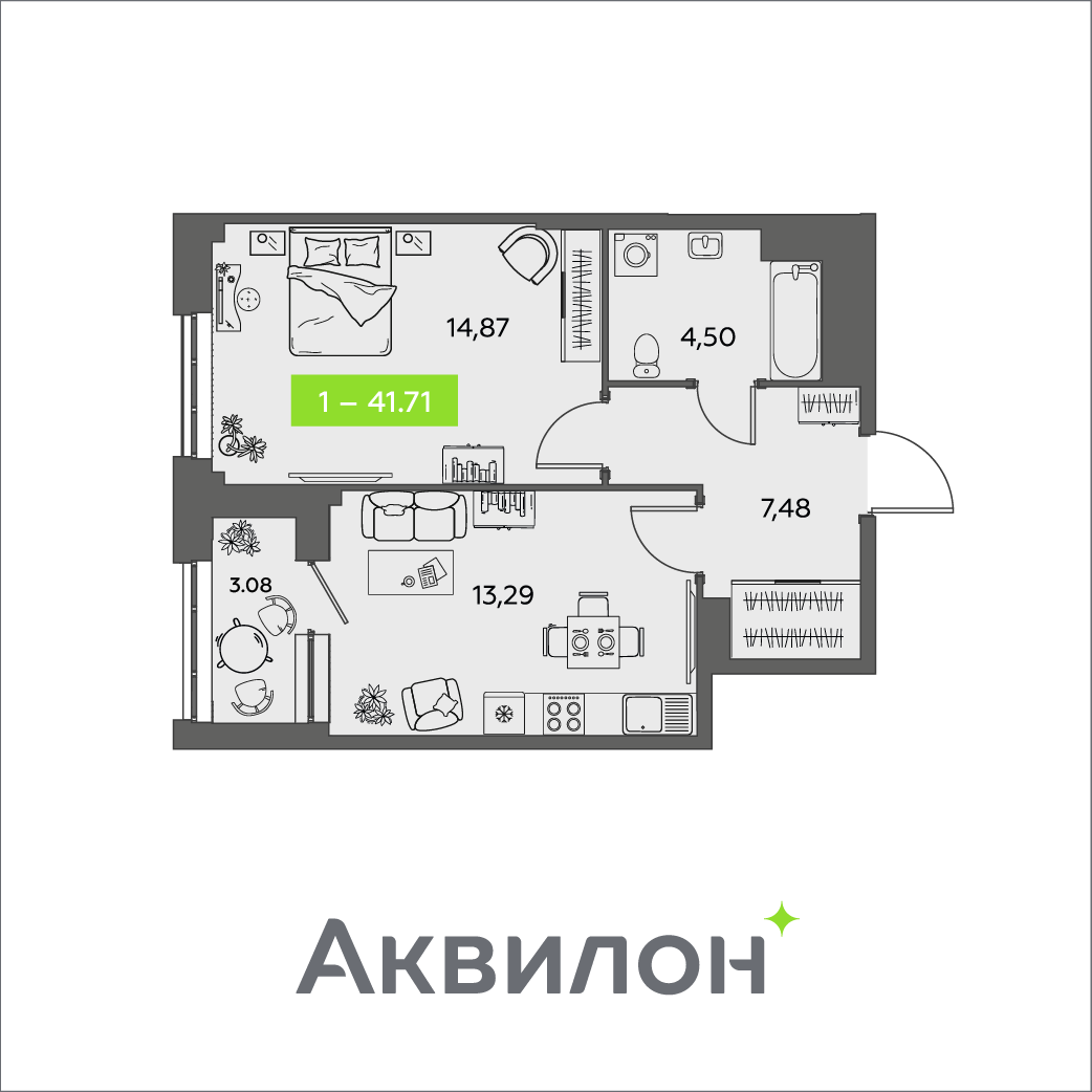 1-комнатная 41 м2 в ЖК Аквилон Shine корпус null этаж 12