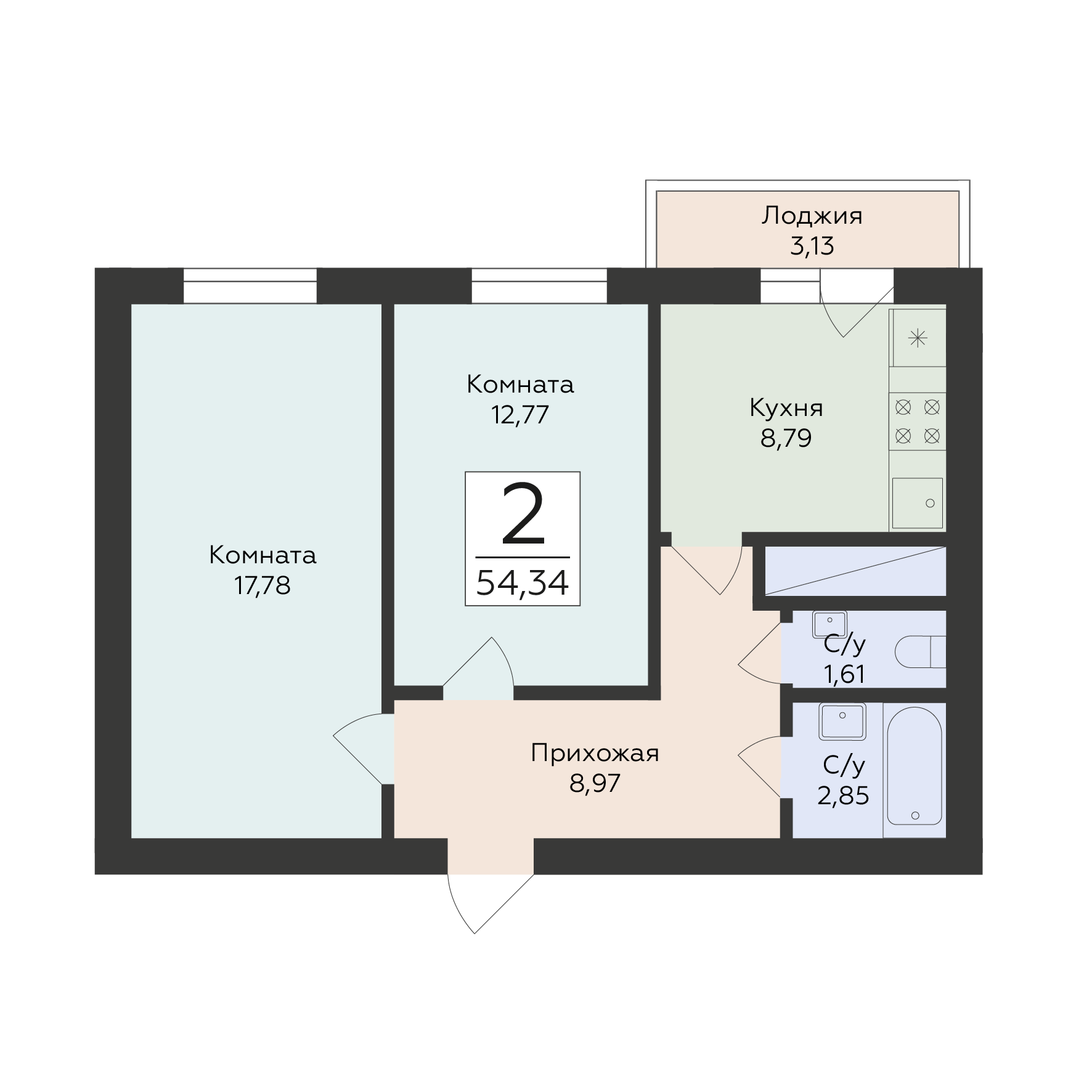 2-комнатная 54 м2 в ЖК Юность корпус null этаж 15