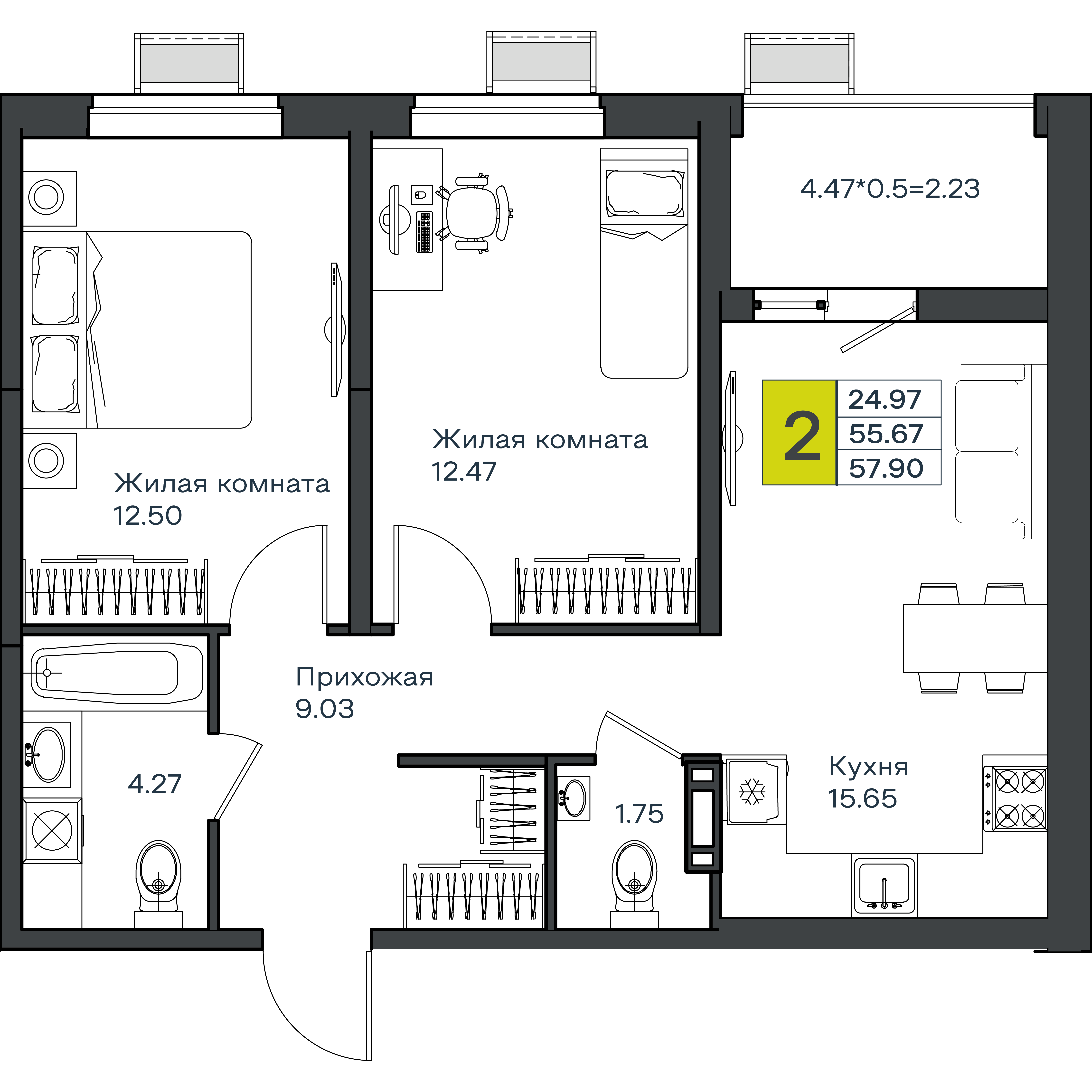 2-комнатная 57 м2 в ЖК МОНО Квартал корпус null этаж 5