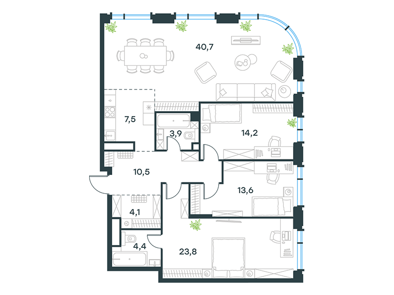 4-комнатная 122 м2 в ЖК Level Академическая корпус null этаж 17