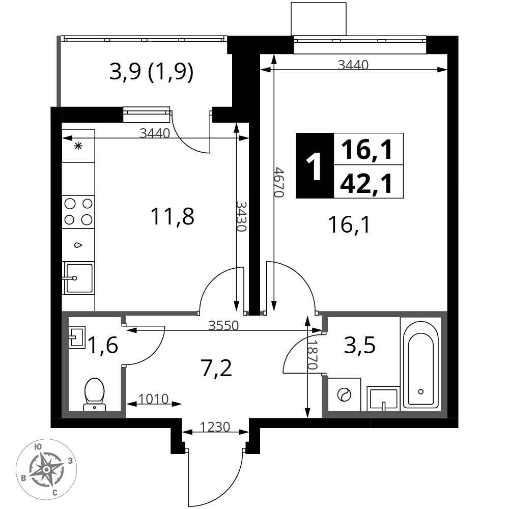 1-комнатная 42 м2 в ЖК 1-й Южный корпус null этаж 21