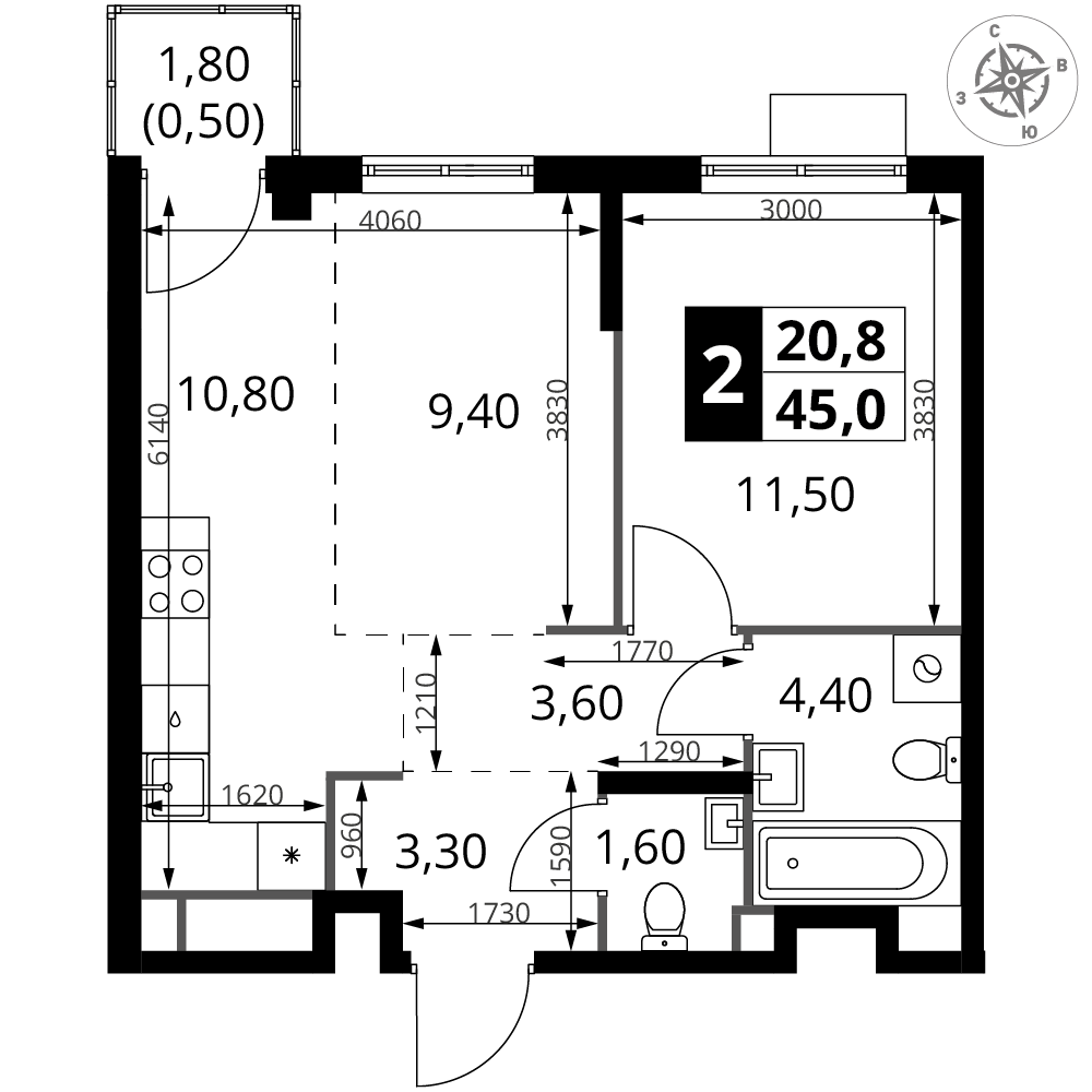 2-комнатная 45 м2 в ЖК 1-й Химкинский корпус null этаж 4